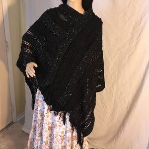 Riah Fashions Sweaters - Riah Fashion Woman crochet black fringe poncho OS Riah Fashions Sweaters - Riah Fashion Woman crochet black fringe poncho OS